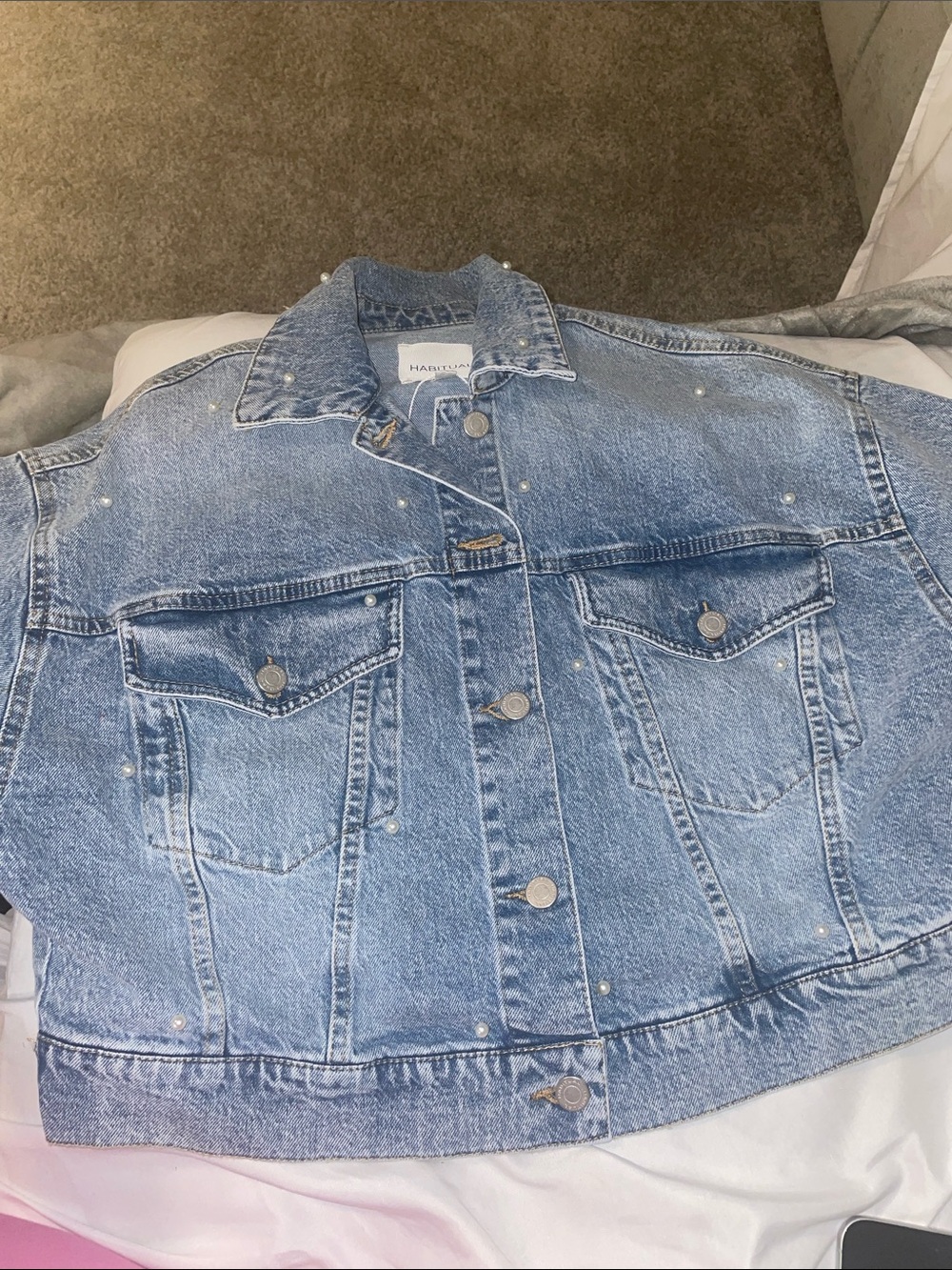 Light Denim Jean Jacket with Pearl Accents